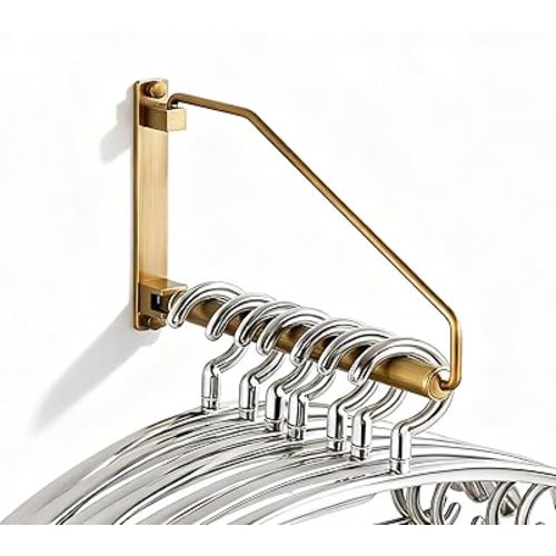 Folding Wall Mounted Clothes Hanger Rack Clothes Hook Solid Brass with Swing Arm Holder Clothing Hanging System Closet Storage Organizer Heavy Duty Drying Rack Wall Mount, Antique Brass