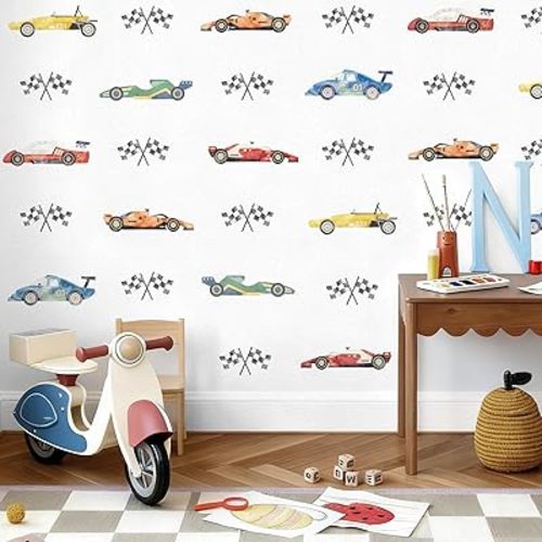 JarThenaAMCS 8 Sheets Race Car Wall Stickers Watercolor Racing Theme Vehicle Flag Wall Decals for Home Nursery Kids Room Bedroom Playroom Classroom Party DIY Decoration, 9.8 x 13.7 inch