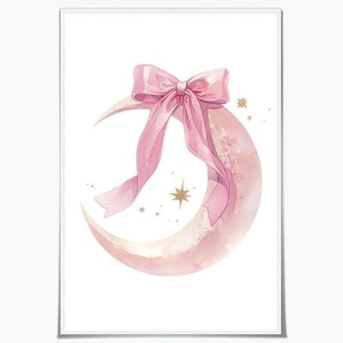 Pink Coquette Bow Moon Wall Art Poster Print Pastel Crescent With Ribbon And Stars Cute Celestial Nursery Bedroom Decor For Girls Room Preppy Aesthetic Gift Unframed8x12inch