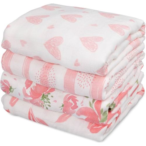 GLLQUEN BABY Muslin Swaddle Blankets 4-Pack Breathable Receiving Blankets (35" x 40") Soft Baby Blankets for Girls and Boys Newborn Essentials Muslin Burp Cloths Swaddle Wrap Baby Gift (Flower)