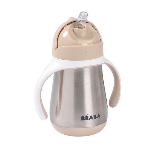 Beaba Stainless Steel Straw Sippy Cup, Insulated Toddler Cups Spill Proof with Removable Handles, Made with High Grade Stainless Steel, 8+ months, 8.5 oz Oat