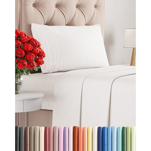 Twin Size 3 Piece Sheet Set - Comfy Breathable & Cooling Sheets - Hotel Luxury Bed Sheets for Women & Men - Deep Pocket, Easy-Fit, Extra Soft & Wrinkle Free Sheets - Antique White Oeko-Tex Bed Sheets