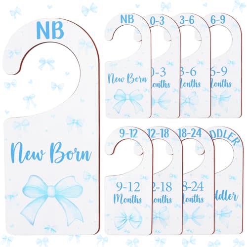 Baby Closet Dividers 8PCS, Blue Bow Themed Wooden Double-Sided Clothes Size Hanger Organizer from Newborn to Toddler for Nursery Decor Baby Shower Birthday Gift