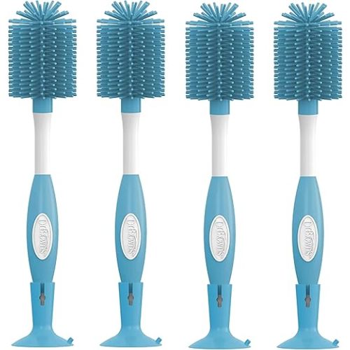 Dr. Brown's Soft Touch No Scratch Baby Bottle Cleaning Brush, Nipple Cleaner & Suction Cup Base for Easy Storage, BPA Free, Blue (Pack of 4)