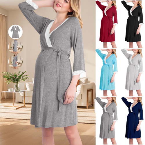 Frostluinai Women Maternity Nursing Robes 3/4 Sleeves Loungewear Dress Knee Length Sleepwear Lace Housecoat for Hospital Labor Delivery Pregnancy Bathrobe Gray Small
