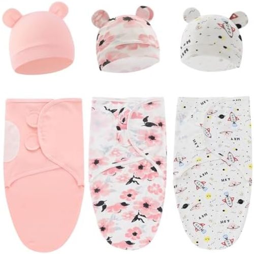 Baby Swaddle Sleep Sack with Hat Set for 0-3 months 3-Pack Soft Cotton Newborn Wearable Swaddle Wrap for Girls Boys
