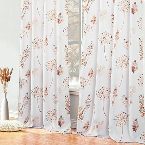 XTMYI Fall Living Room Curtains 63 Inch Length 2 Panels,Floral Design 80% Black Out Block Heat Light Blocking Room Darkening Window Curtains for Bedroom,Burnt Orange and Blue,52x63 Inches Long