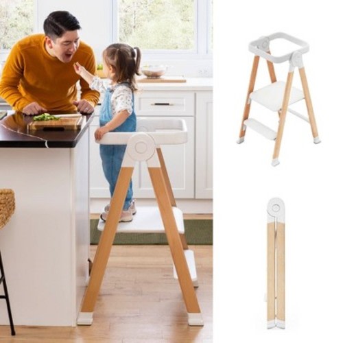 Guidecraft Kitchen Helper Flex Step Stool - Adjustable, Folding Toddler Tower, Wooden Toddler and Adult Step Stool, Kids Learning Cooking Tower