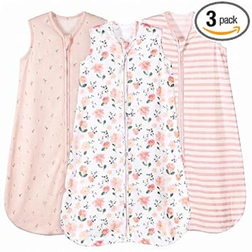 PHF 100% Organic Cotton Baby Sleep Sack 0-6 Months, Soft Lightweight Wearable Blanket for Babies, 2-Way Zipper 0.3 TOG Comfy Toddler Sleeping Sack 3 Pack for Boys Girls Neutral, Pink Floral (Small)