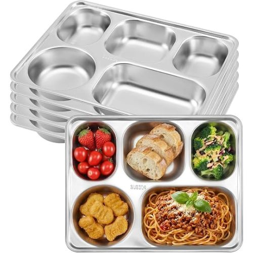 304(18/8) Stainless Steel Compartment Plates, Set of 6 Rectangular Divided Trays with 5 Deep Dividers for Portion Control, Metal Sectional Stackable Dishes for Adults, Eating, Snack, Camping