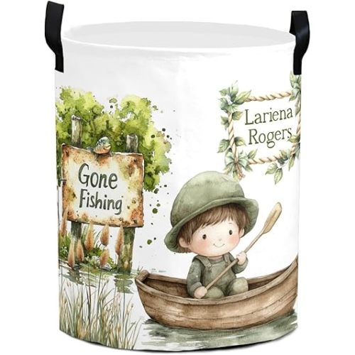 Personalized Laundry Basket,Fishing Wooden Boat Fish Clothes Hamper Storage Basket with Name for Bathroom Bedrooms, Customized Name Circular Hamper with Handles Gift for Boys Girls