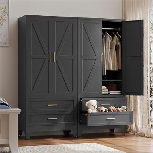 Large Armoire Wardrobe Closet,71H Metal Wardrobe Organizers and Storage with 2 Drawers,Farmhouse Clothing Storage Cabinet with Barn Doors for Bathroom,Bedroom,Home Office,Laundry Room Black