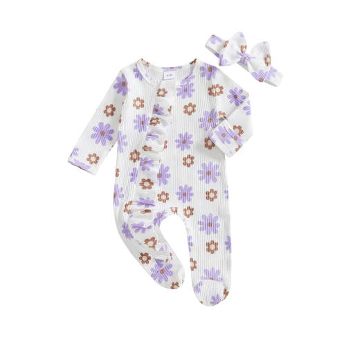 Suealasg Baby Girl Pajamas Rompers Infant Girl Footie Jumpsuit Long Sleeve Flower Print One-Piece Pajamas Newborn Girl Zip Up Full Length Jumpsuits Sleepwear