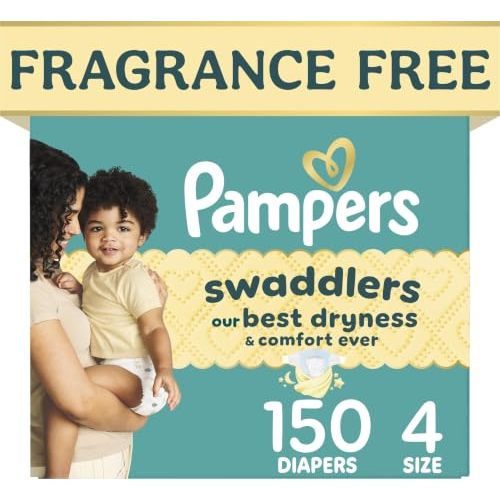 Pampers Swaddlers Diapers, Size 4 (15-34 lbs), 150 Count, Fragrance Free, Hypoallergenic, Absorbent, Pediatrician Recommended, Skin Safe