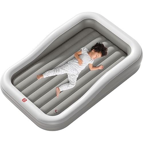QPAU Inflatable Toddler Travel Bed with 3-Sided Safety Bumpers, Extra Large Kids Air Mattress, Includes Detachable Mattress, Portable for Camping, Travel, Home Use (Grey)