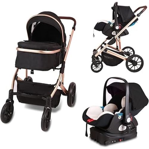 Trenana 2 in1 Baby Stroller,High Landscape Infant Stroller,Reversible Stroller,Adjustable Backrest & Canopy,Foldable Aluminum Alloy Anti-Shock for Newborn (530-Black)