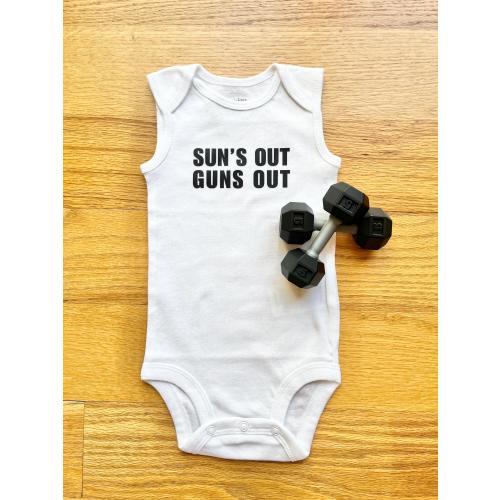 Sun’s Out Guns Out; Sleeveless Infant Bodysuit, Two Baby Rattle Dumbbells and a Rattle Kettlebell - Great Baby Shower Gift!
