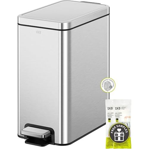 EKO Small Bathroom Trash Can with Lid Soft Close, Step Pedal, 10 Liter / 2.6 Gallon Stainless Steel Garbage Can with Removable Inner Bucket, Anti-Fingerprint Finish (Silver)