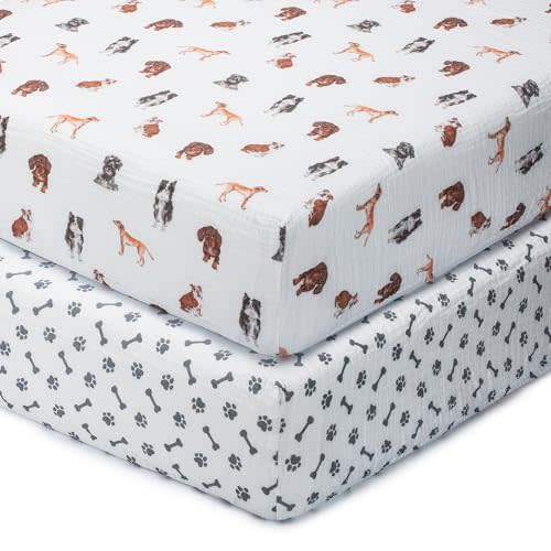 LollyBanks Muslin Crib Sheet, 100% Cotton Fitted Crib Sheets for Babies | 2 Pack, Soft all-season weave, all-around elastic for easy fitting on 52 x 28 in standard mattresses (Dogs and Paws)