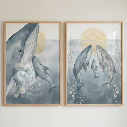 Whale Nursery Wall Art Set of 2, Ocean Theme Baby Decor, Watercolor Sea Life Art, Nautical Nursery Prints, Whale Family Illustration