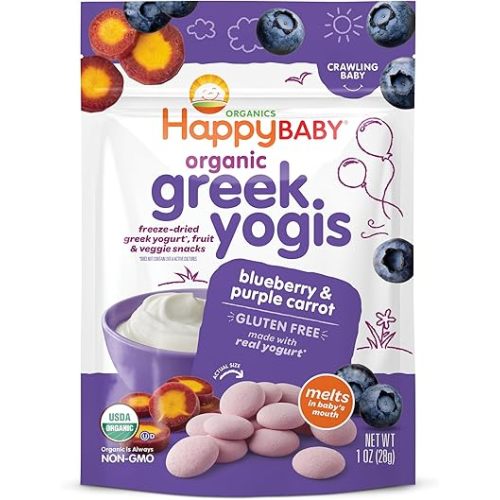 Happy Baby Organics Baby Snacks, Greek Yogis, Freeze Dried Yogurt &Veggie Fruit Snacks, Gluten Free Snack for Babies 9+ Months, Blueberry & Purple Carrot, 1 Ounce