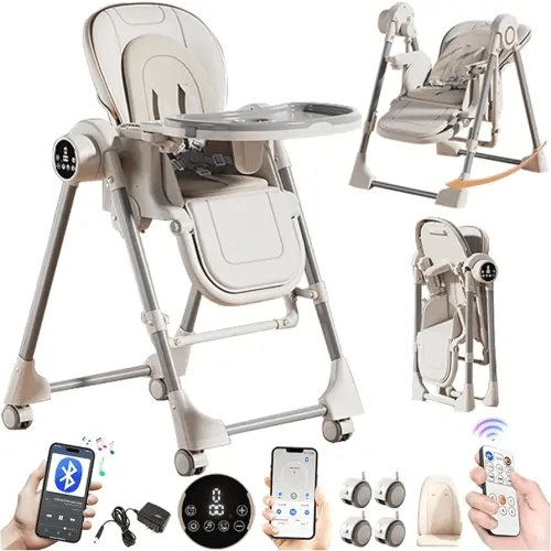 Nine point nine Electric Bluetooth Smart PU Leather Baby High Chair with Swinging Function, High Chairs for Babies and Toddlers, Removable Double Tray Baby Seat Feeding Chairs (E8121 White)