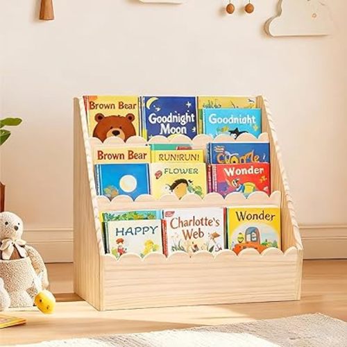 Scalloped Kids Book Shelf, Montessori 3-Tier Wooden Toddler Bookshelf for Ages 1–5, Nursery & Kids Room Bookshelf, Safe & Sturdy Playroom Book Shelf, Natural Wood