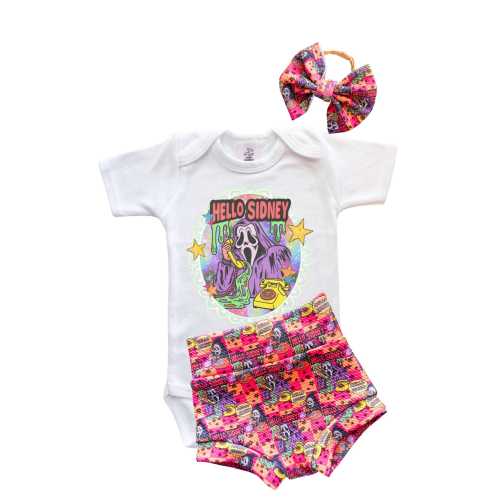Baby Girl Toddler Hello Sidney Halloween villain Bummies bodysuit top Nylon Bow set 0-3 mos-4t Shorties Headband diaper Ghost Scary Movie
