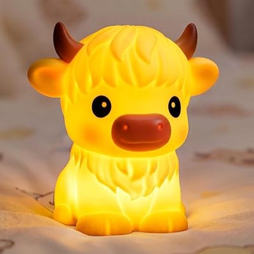 BPA-Free Silicone丨Huggwaii Highland Cow Night Light for Kids, Dimmable Squishy Night Light Touch Cow Lamp, Highland Cow Gifts for Nursery, 30 Auto-Off Timer, Cute Room Decor for Boys Girls Women