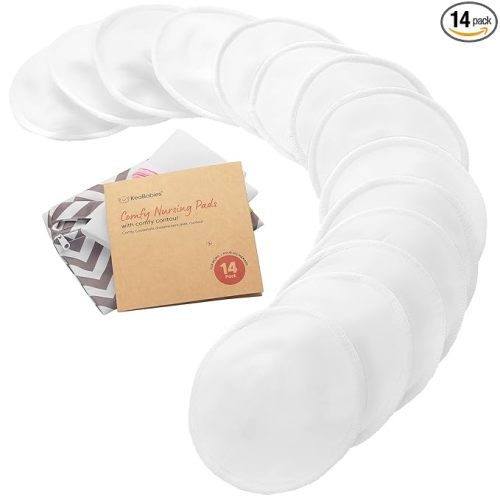 Organic Nursing Pads - 14 Washable Breast Pads for Breastfeeding, Wash Bag, Viscose Derived from Bamboo Reusable Nipple Covers for Breastfeeding Essentials, Soft & Absorbent(Soft White, L 4.8")