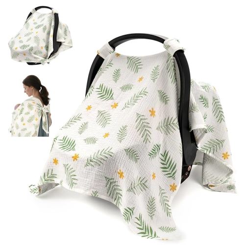 SERAPHY 2-in-1 Muslin Baby Car Seat Cover & Nursing Cover, Soft Lightweight Breastfeeding Cover for Boys and Girls,Breathable Canopy for Infant Carseat & Stroller for Summer—Green Leaf