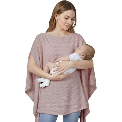 Knit Nursing Cover Up for Breastfeeding, Soft & Cozy Breastfeeding Poncho with Dual Side Slits, 360° Full Privacy Nursing Shawl with Laundry Bag, Mauve Taupe