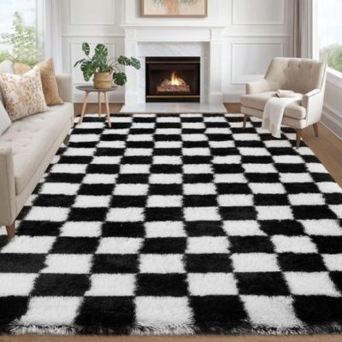 Modern Checkered Fluffy Rug Large Plush Rugs for Bedroom, Ultra Soft Non-Slip Indoor Floor Fluffy Carpet for Living Room Bedroom Playroom