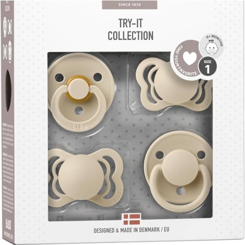 BIBS Try-It Collection | 4-Pack Soothers | BPA-Free Round, Anatomical & Symmetrical Nipple | Natural Rubber Latex/Silicone | Made in Denmark | 0-6 Months | Vanilla