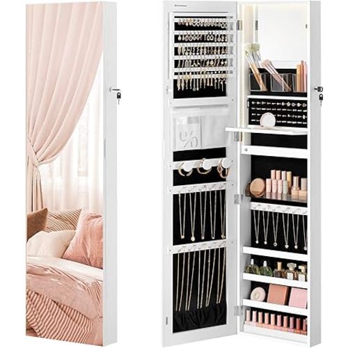 SONGMICS 55 Inches Tall Spacious Jewelry Cabinet, Jewelry Armoire with Light-Up Interior Mirror, Wall or Door Mounted Jewelry Storage Organizer, Lockable, Gift Idea, Cloud White UJJC032W01