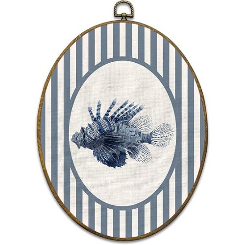Mcehtle Coastal Beach Lionfish Fish Wall Art Decor, Ocean Beach Nursery Framed Canvas Prints 8.6x11.4, Ocean Fish Blue Striped Oval Wall Hanging Artwork Decorations for Kids Nursery Room Bedroom Home