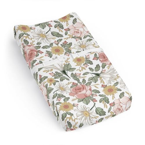 Sweet Jojo Designs Blush Pink Yellow Vintage Floral Boho Girl Baby Changing Pad Cover Sheet Infant Newborn Diaper Change Mat Cover Green White Bohemian Shabby Chic Farmhouse Leaf Rose Leaves Flower