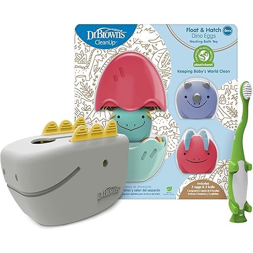 Dr. Brown's Baby and Toddler Toothbrush, Green Dinosaur 1-Pack 1-4 Years, CleanUp Float & Hatch Dino Eggs Bath Toy, 6m+, Dino-Soft Baby Bath Spout Cover, BPA Free, Certified Plastic Neutral