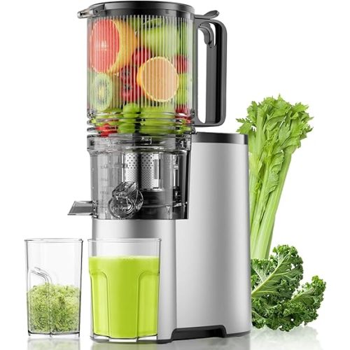 Cold Press Juicer, 5.8" Wide Feed Chute Juice Extractor Machine with 400W, High Juice Yield, Slow Masticating Juicer for Whole Vegetables & Fruits, Premium Silver