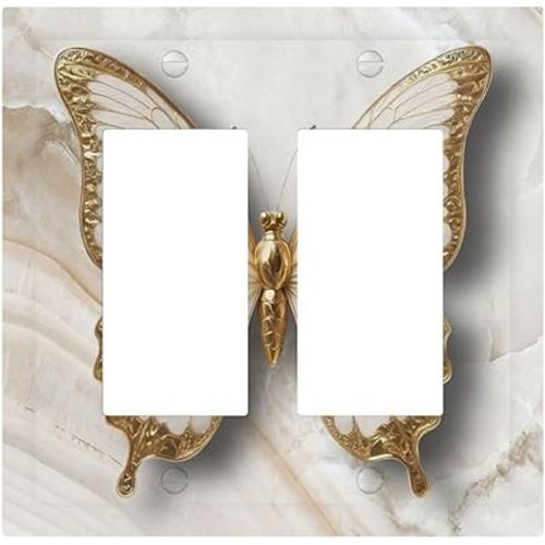Luxurious White Gold Marble Butterfly Abstract Modern Decorative Outlet Covers 2 Gang Double GFCI Rocker Electrical Wall Panels Light Switch Cover Plate for Bedroom Bathroom Decor