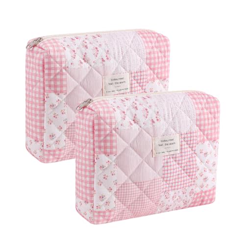uekeboag 2Pcs Quilted Cotton Makeup Bag, Coquette Cosmetic Bag(12Pink) | Large Soft Travel Toiletry Bag for Women and Girls, Baby Diapers ,Snacks ,Travel Essentials Organizer Bag