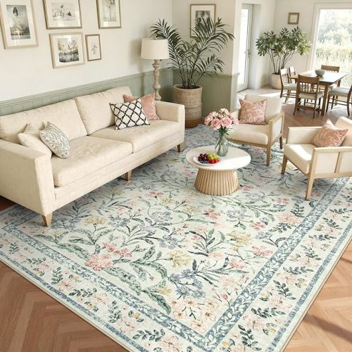 Wonnitar Boho Washable Rug 8x10, Large Area Rug for Living Room, Soft Floral Carpet for Bedroom Non Slip, 8 x 10 Indoor Beige Carpets for Nursery Dining Room Apartment Office Decor