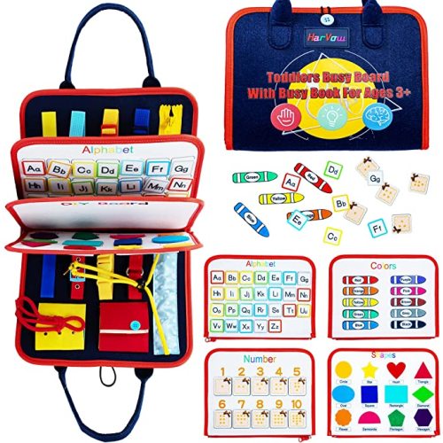 HarVow Busy Board for Toddlers, Sensory Activity Board for Preschool Learning Toys Quiet Book Montessori Educational Toys for Autism with Zipper Removable Multiple Page Travel Toys for Boy and Girl