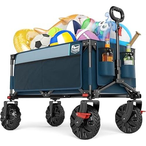 Timber Ridge Outdoor Collapsible Wagon with Brakes Utility Folding Cart Heavy Duty All Terrain Wheels for Shopping Camping Garden with Side Bag and Cup Holders, Blue