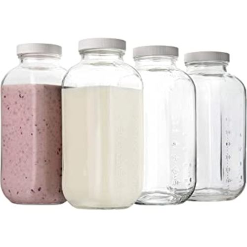 kitchentoolz 32 oz Square Glass Bottles with Plastic Airtight Lids – 4 Pack for Milk, Smoothies, Water, Kombucha, and Broth Storage