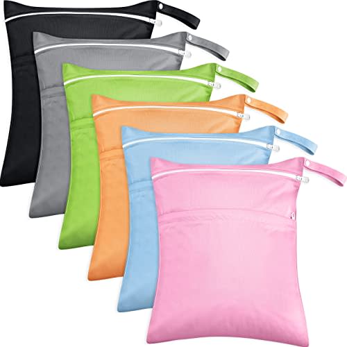 Kenning 6 Pack Wet Bag for Swimsuit Baby Cloth Diapers or Wet Clothes with 2 Zippered Pockets Waterproof Reusable Travel Beach Pool Gym Bags, 6 Colors