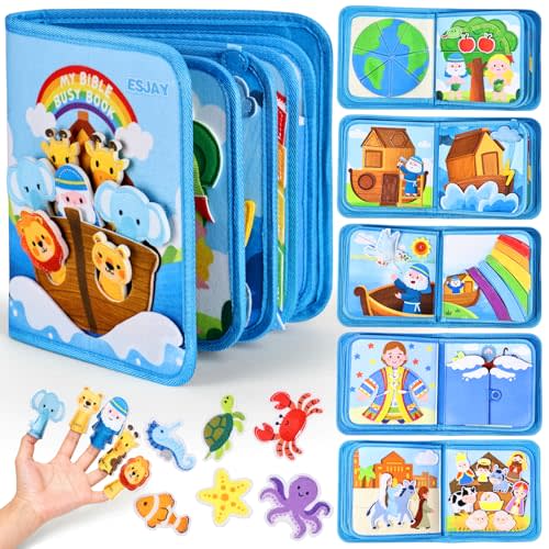 Esjay Busy Board Bible Busy Book for Toddlers, Montessori Toys 1 2 3 Year Old Toddler Baby, Noah's Ark Toy Baptism Birthday Gifts for Boys Girls, Learning Educational Activity Book for Travel Airplane