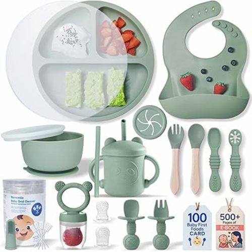 Remonda 23-Piece BPA-Free Silicone Baby Feeding Set | Extra Large Suction Plates, Toddler Bowls, Self Feeding Spoons, and More | Dishwasher Safe| Baby Led Weaning Supplies (Green）01
