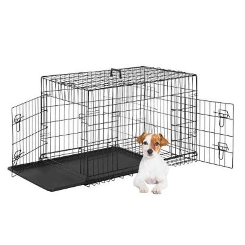 FDW Dog Crate for Small Dogs 24 Inch Folding Metal WirePet Cage Double Door W/Divider Panel Indoor Outdoor Kennel Leak-Proof Plastic Tray,Black
