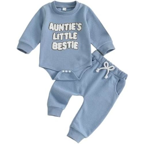 SAYOO Aunties Bestie Baby Clothes Gender Neutral Baby Boy Embroidery Waffle Sweatshirt Bodysuit Romper Long Pant Fall Outfit